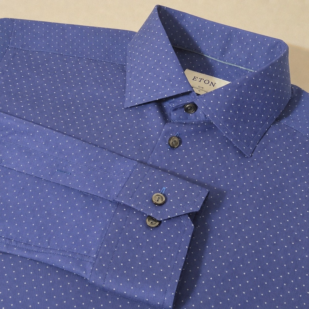 Eton Dress Shirt Men M Blue Polka Dot Slim Fit Long Sleeve Button Up 15.75 40
